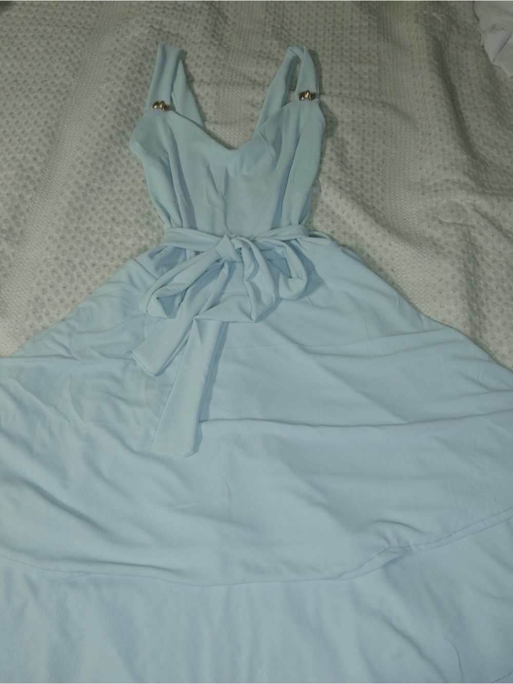 Soft Blue Tie-Waist Midi Dress with Gold Accent